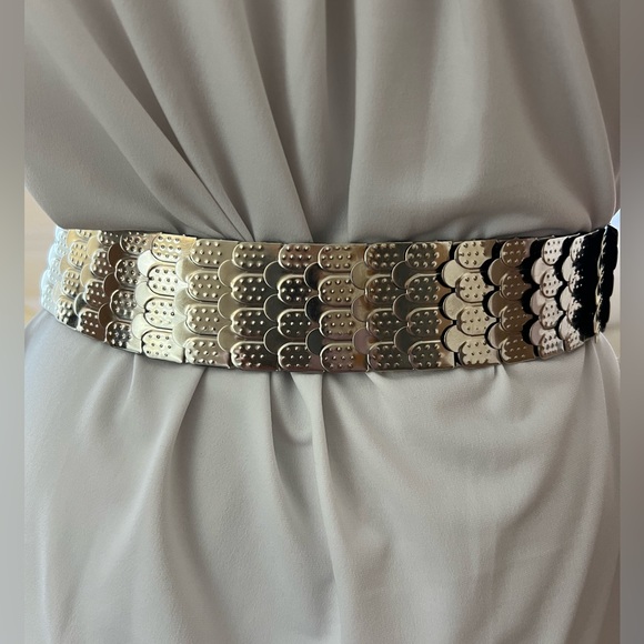 VINTAGE SILVER METAL STRETCH BELT, WITH DECORATIVE CLOSURE. - Picture 3 of 7